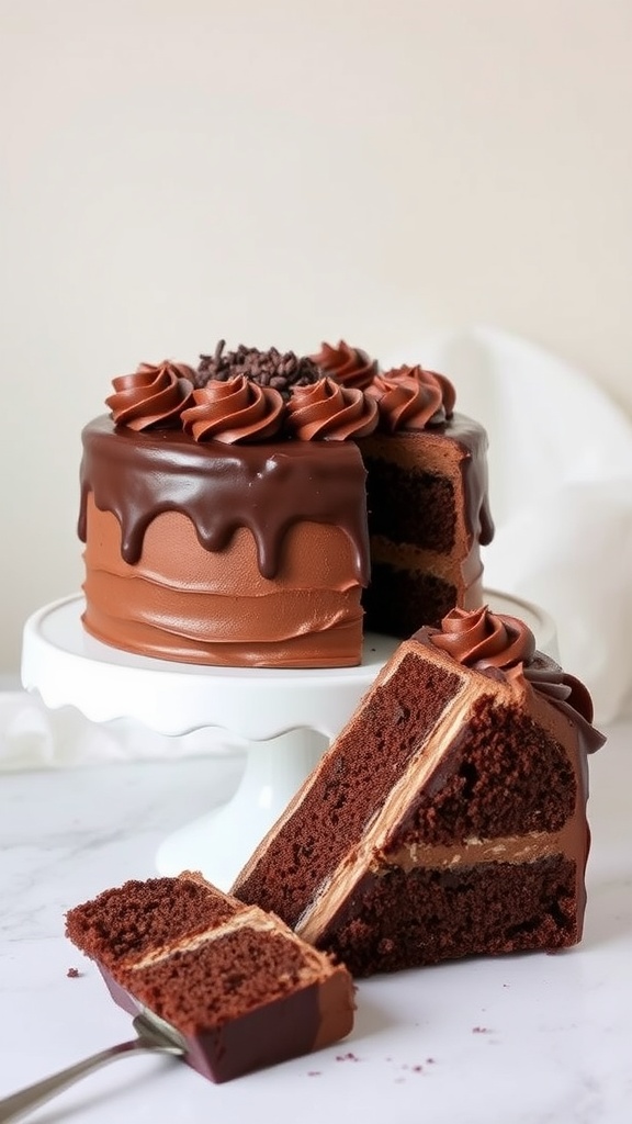 Decadent Chocolate Frosting Recipe A rich chocolate cake with glossy chocolate frosting and chocolate shavings on a white cake stand.
