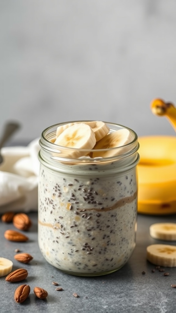 A jar of almond butter banana overnight oats topped with banana slices and almonds.