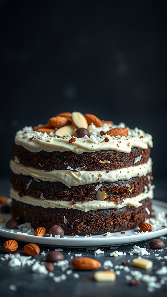 A three-layer chocolate cake with coconut frosting, topped with almonds and chocolate.