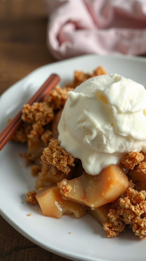 A delicious serving of apple cinnamon crumble topped with ice cream.