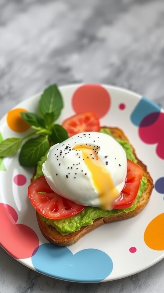A colorful plate featuring avocado toast topped with a poached egg and sliced tomatoes