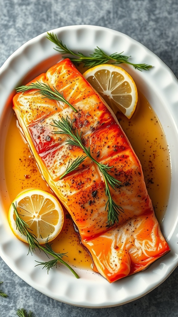 A delicious baked salmon fillet garnished with dill and lemon slices.