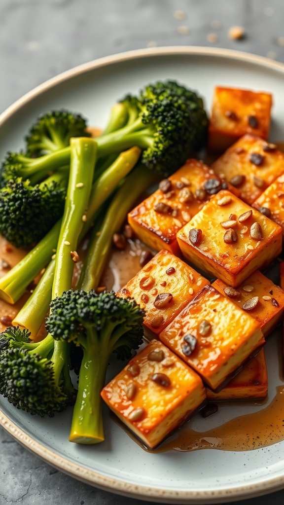 Baked tofu cubes with steamed broccoli on a plate, garnished with seeds.