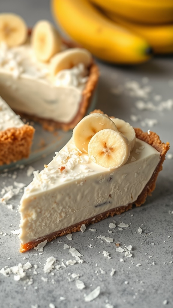 A slice of Banana Coconut Cream Pie topped with banana slices and coconut flakes.