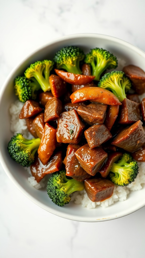 A bowl of beef and broccoli stir-fry with rice.