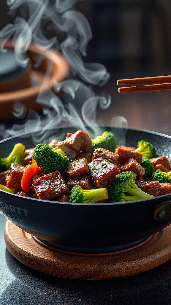 A colorful beef and broccoli stir-fry in a pan with steam rising.