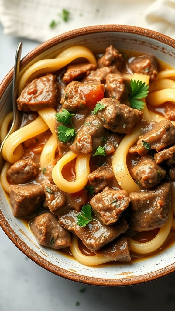 A bowl of Beef Stroganoff with noodles, beef chunks, and garnished with parsley.