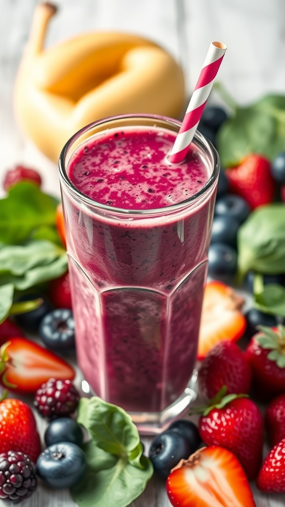 A vibrant berry and spinach smoothie in a tall glass with a striped straw, surrounded by fresh berries and spinach leaves.