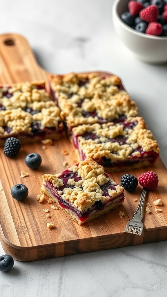 Delicious berry crumble bars on a wooden cutting board with fresh berries in the background.