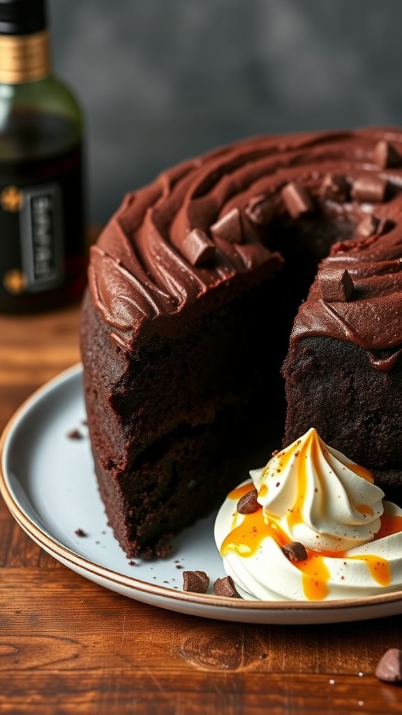 A slice of rich bourbon chocolate cake with chocolate frosting and whipped cream decoration