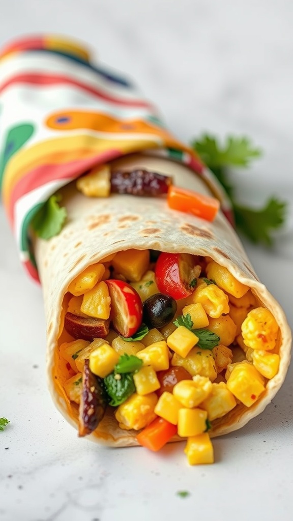 A colorful breakfast burrito filled with corn, bell peppers, and tomatoes, wrapped in a tortilla.