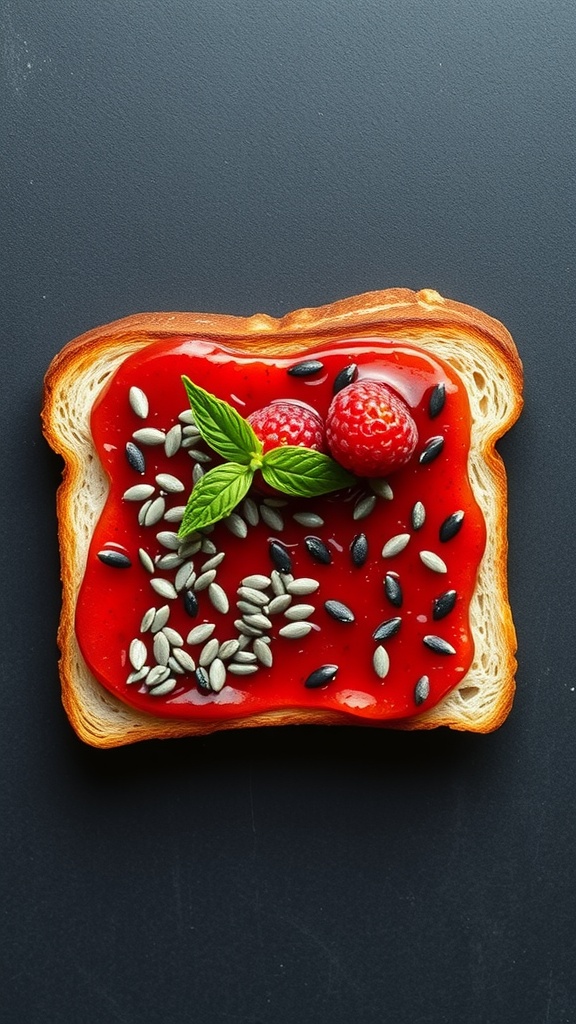 Chia seed jam spread on toast with seeds and berries