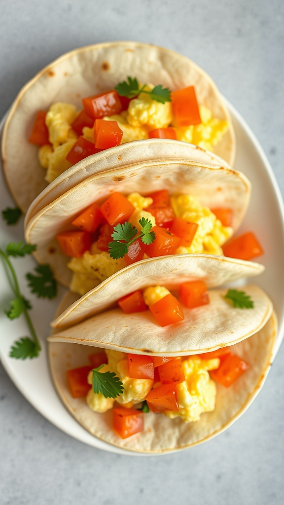 Three breakfast tacos filled with scrambled eggs and diced tomatoes, garnished with cilantro.