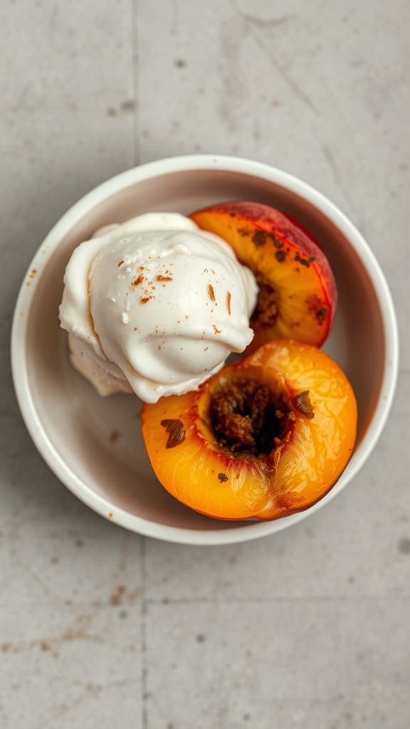 Baked peaches served with a scoop of ice cream in a bowl.