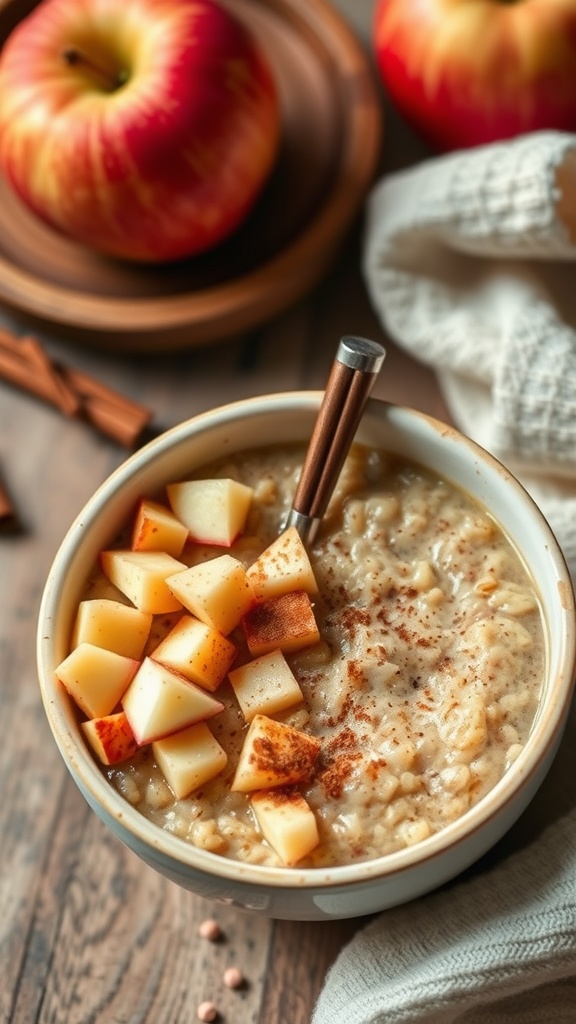 A bowl of buckwheat porridge topped with diced apples and sprinkled with cinnamon.