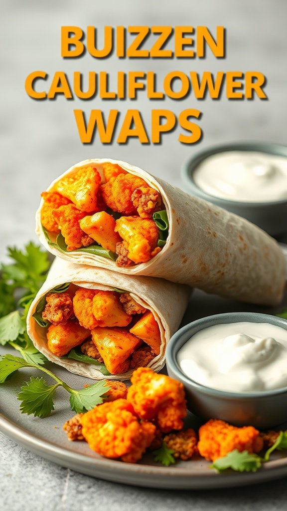 Buffalo cauliflower wraps with dipping sauce on a plate.