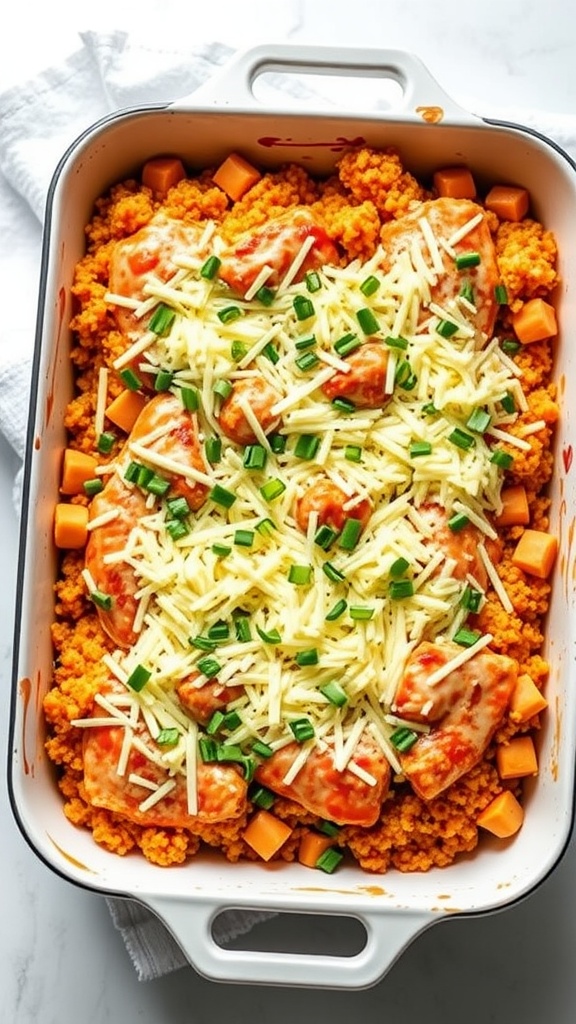 A delicious Buffalo Chicken Quinoa Bake topped with cheese and green onions.