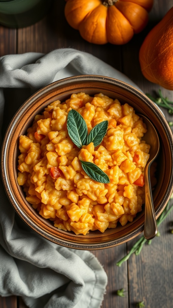 A bowl of creamy butternut squash risotto garnished with leaves on a wooden table.