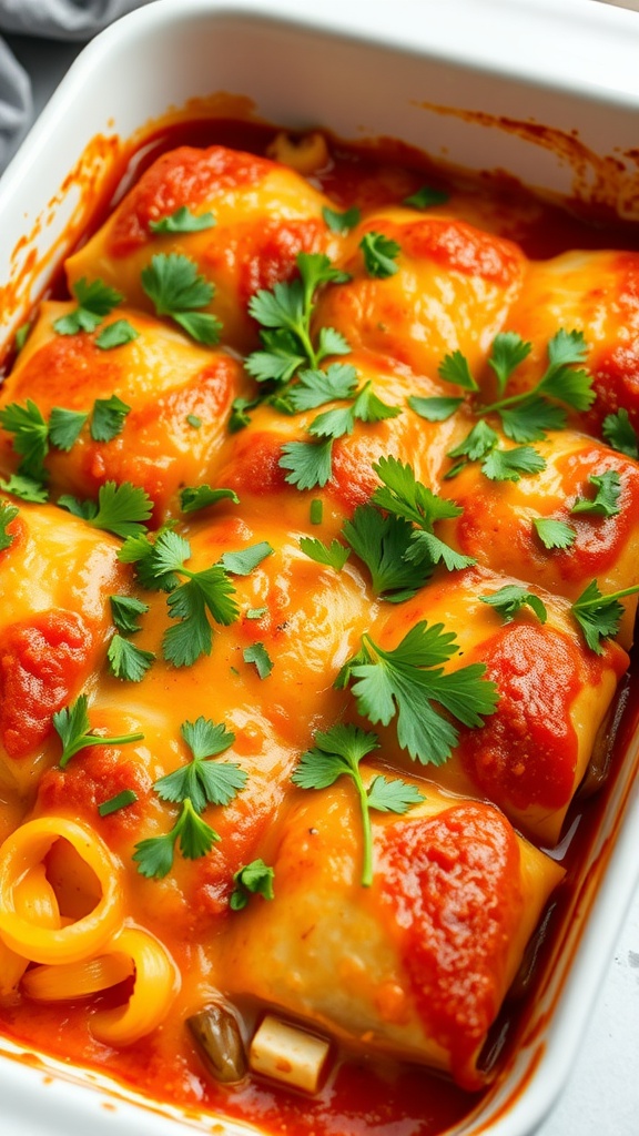 Cabbage Roll Casserole topped with fresh parsley in a white dish