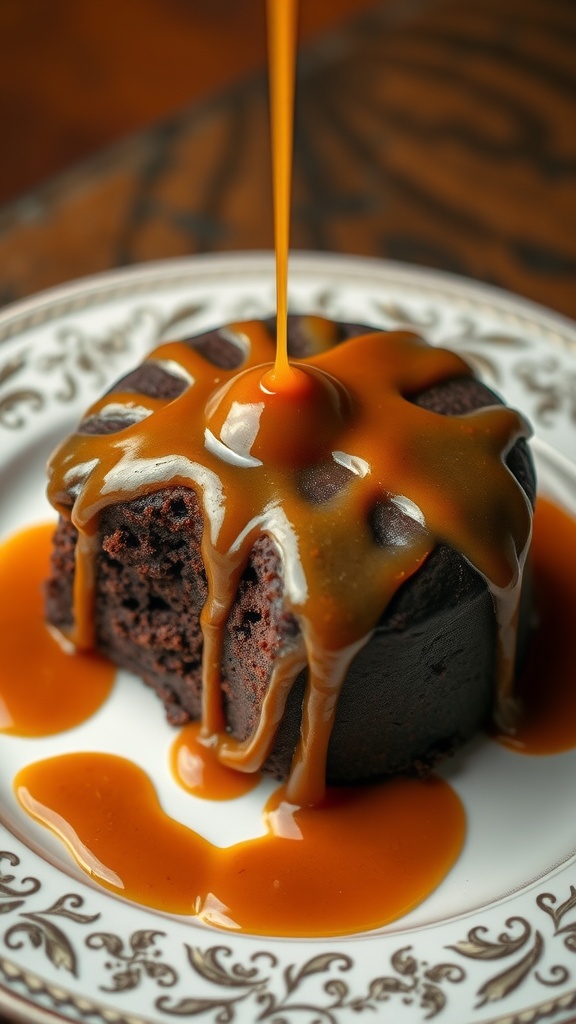 A rich chocolate cake drizzled with caramel sauce.