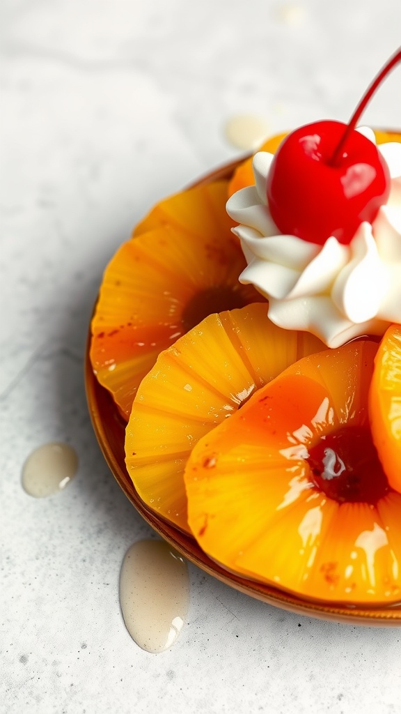 A plate of caramelized pineapple slices topped with whipped cream and a cherry