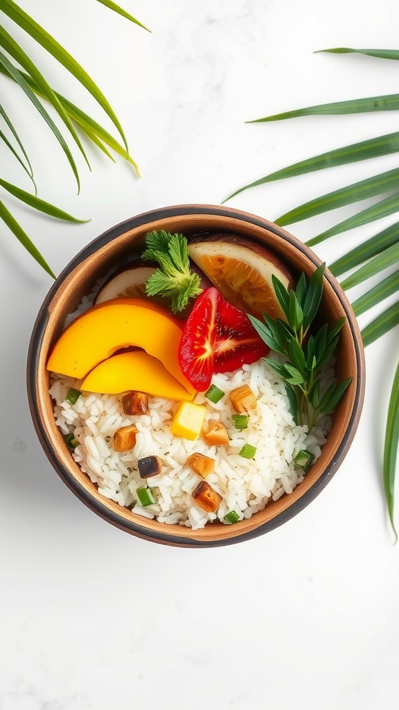 A bowl of Caribbean coconut rice topped with fruits and greens.