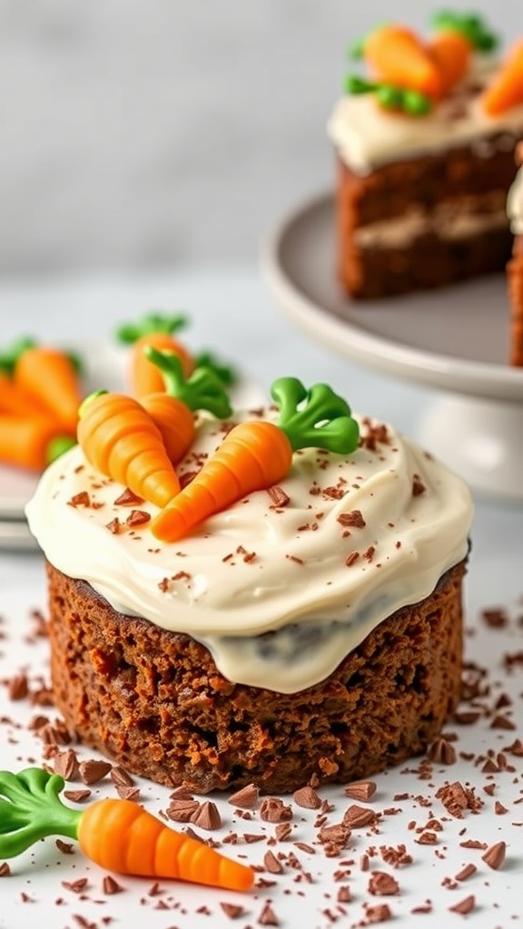 A beautifully decorated Carrot Chocolate Cake with cream cheese frosting and colorful decorative carrots on top.