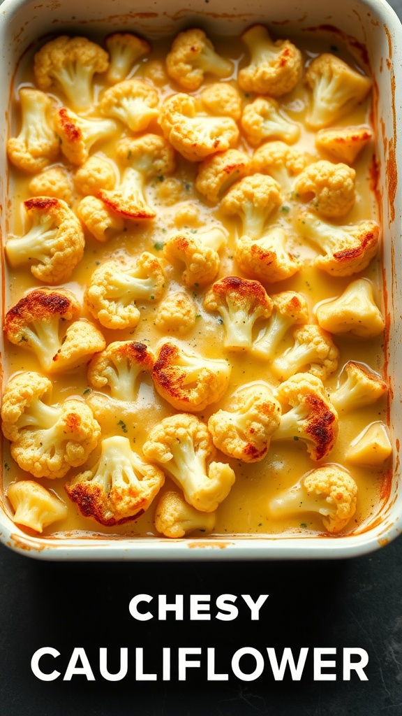 A cheesy cauliflower bake in a white dish, featuring golden roasted cauliflower in a creamy cheese sauce.