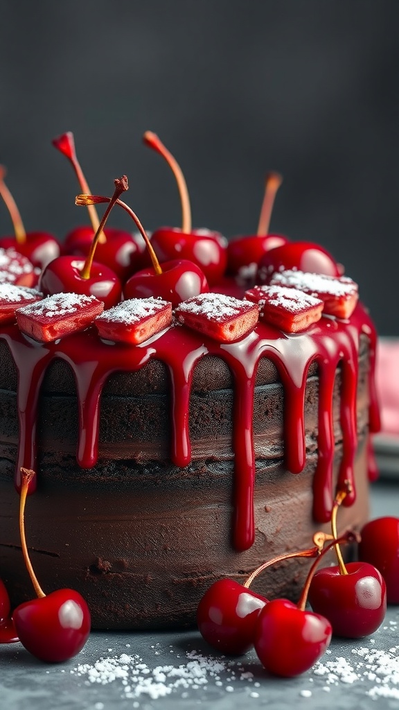 A delicious Cherry Chocolate Cake topped with a vibrant cherry glaze and fresh cherries.