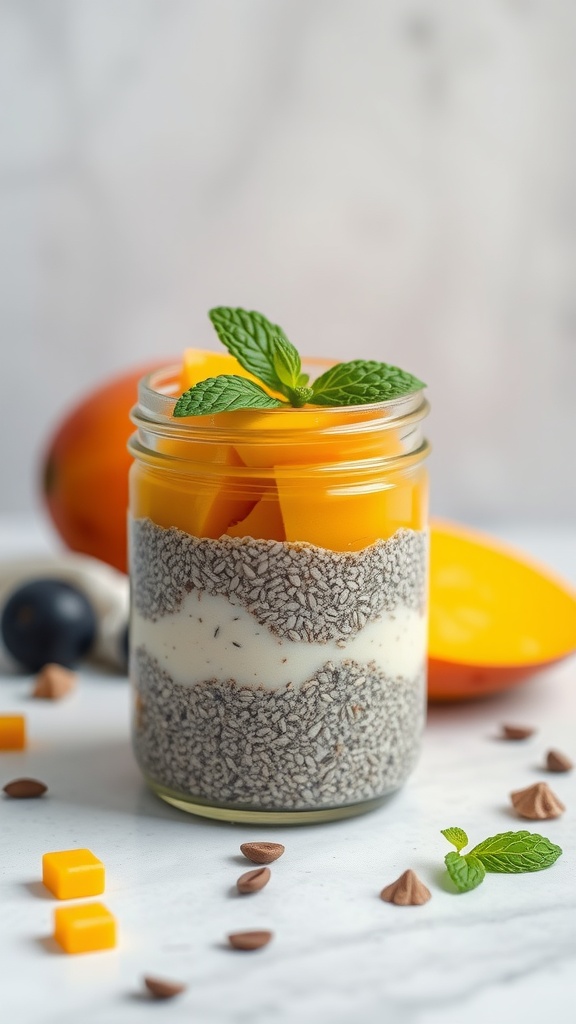 A layered chia seed pudding with mango, garnished with mint leaves.