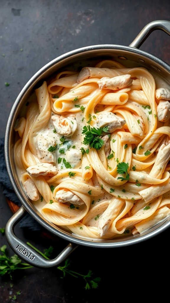 A pot of creamy Chicken Alfredo Pasta with pieces of chicken and parsley on top.
