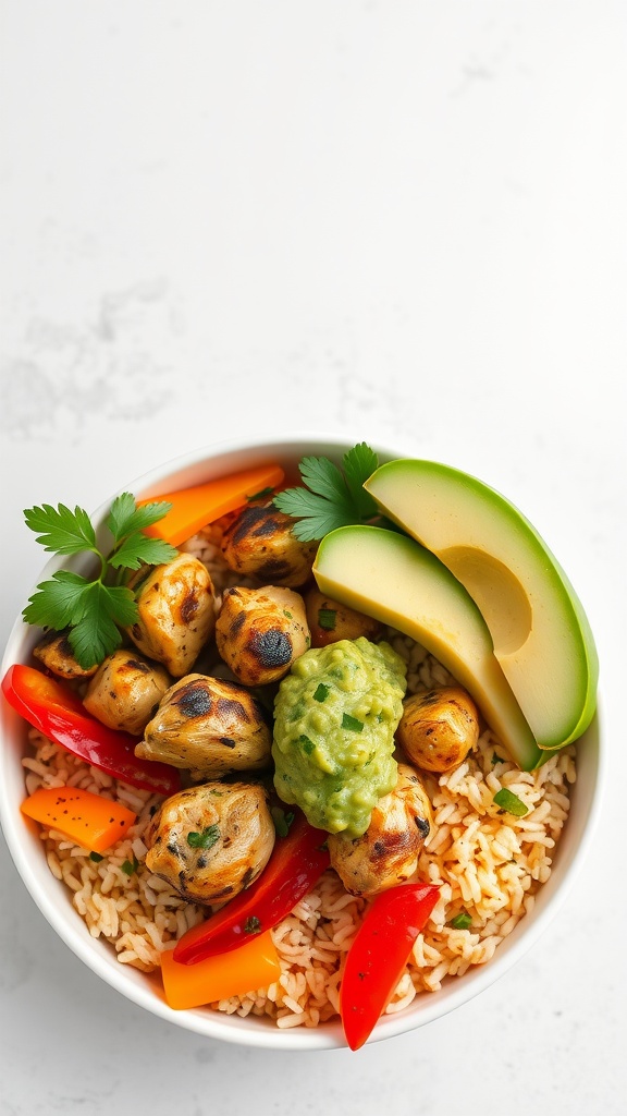 A colorful Chicken Fajita Rice Bowl with grilled chicken, bell peppers, guacamole, and rice.