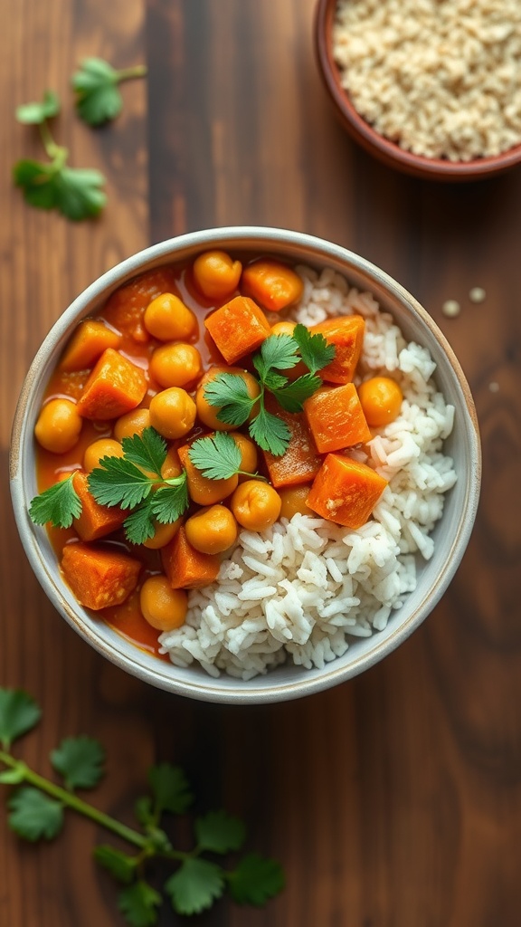 A bowl of chickpea and sweet potato curry served over rice, garnished with fresh coriander.