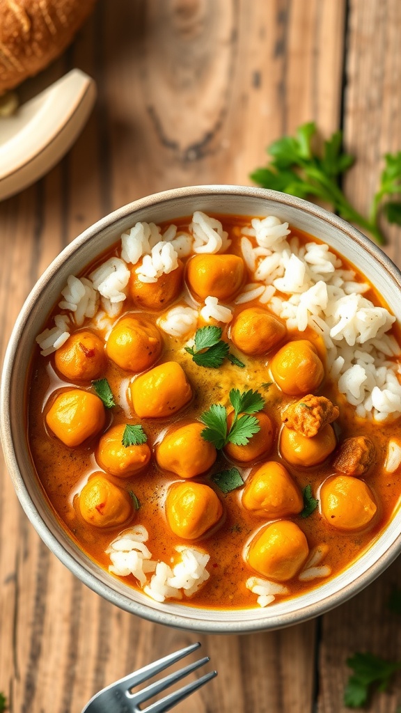 A bowl of chickpea coconut curry with rice and herbs on a wooden table.