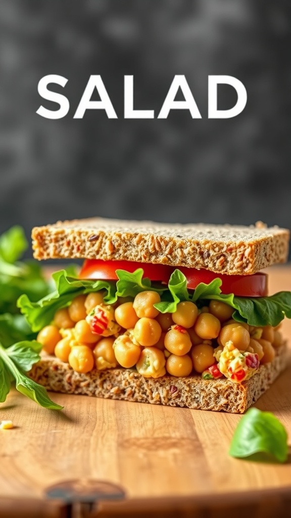 A delicious chickpea salad sandwich with lettuce and tomato on whole grain bread.