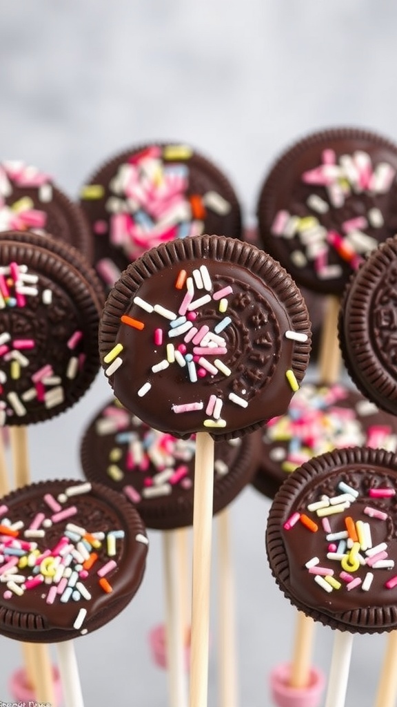 Chocolate-covered Oreo pops decorated with sprinkles on sticks.