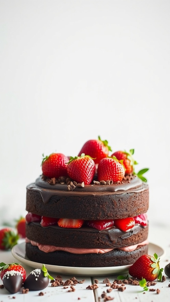 Chocolate-Covered Strawberry Cake with fresh strawberries and chocolate ganache