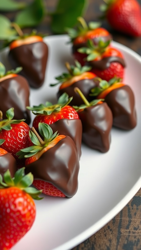A plate of chocolate-dipped strawberries with fresh green leaves.