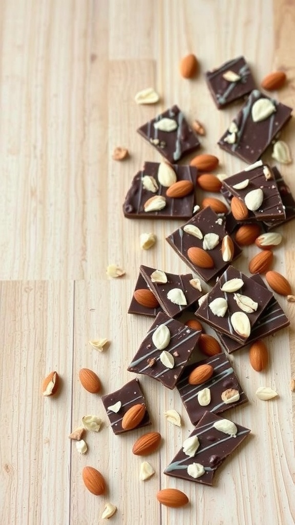 Chocolate almond bark pieces scattered with almonds on a wooden surface