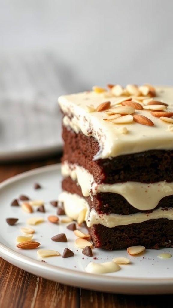 A slice of chocolate almond cake with a creamy frosting and topped with chopped almonds.