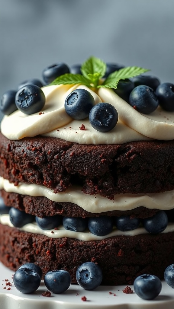 A delicious Chocolate Blueberry Cake with layers of chocolate and topped with blueberries.