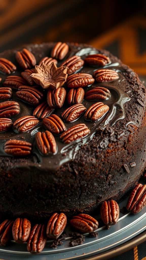 Chocolate Bourbon Pecan Cake with pecans on top