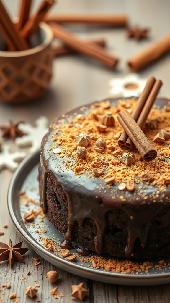 A delicious chocolate chai spice cake with a rich chocolate glaze and spice decorations.