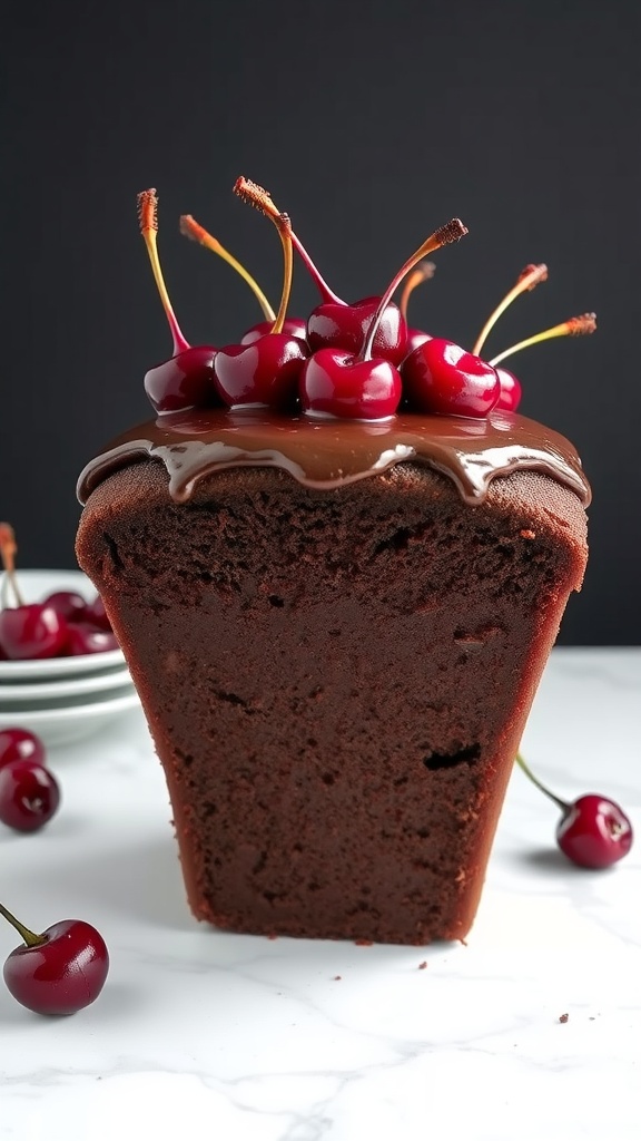 Chocolate Cherry Upside-Down Cake with cherries on top