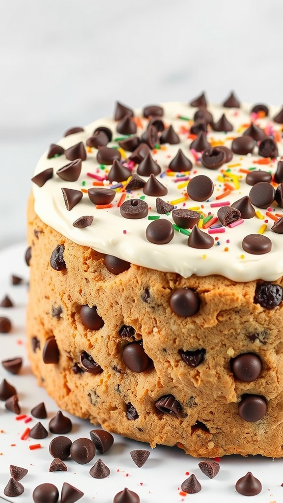 A delectable chocolate chip cookie cake topped with frosting and chocolate chips