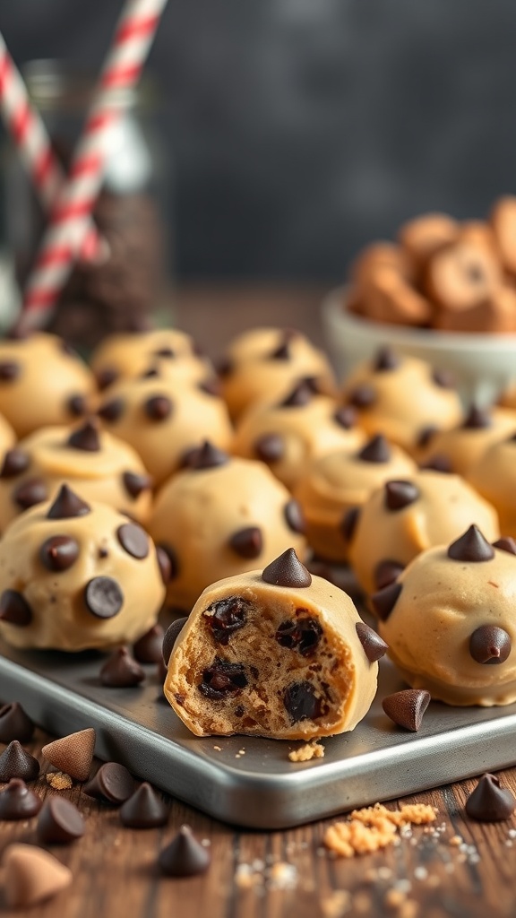 Delicious chocolate chip cookie dough truffles on a tray, some cut in half to show the chocolate chips inside.
