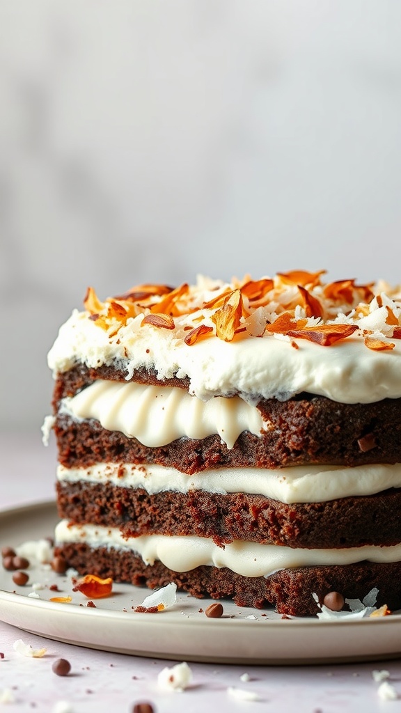 A deliciously layered chocolate coconut cream cake with toasted coconut flakes on top.