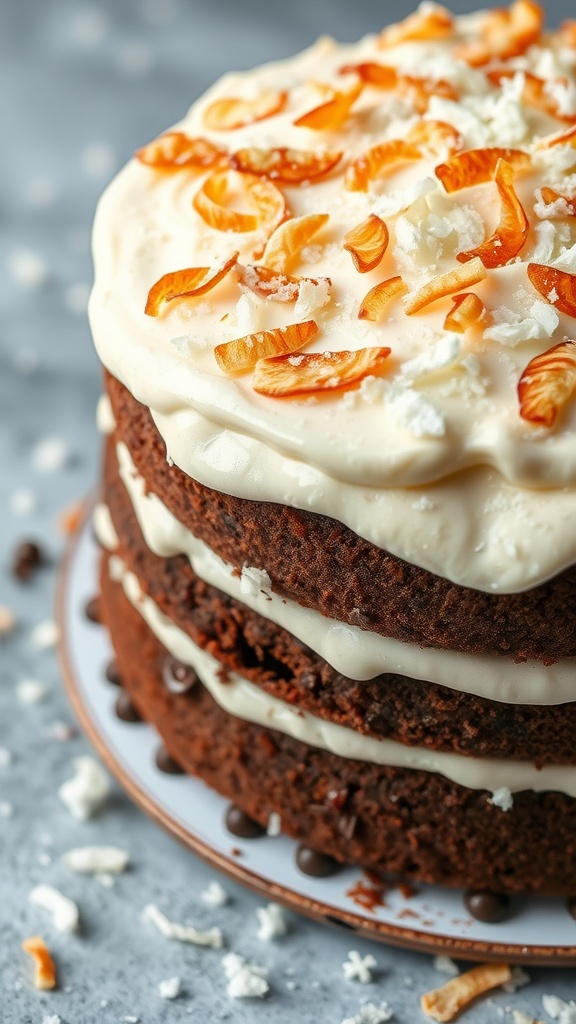 A beautiful Chocolate Coconut Layer Cake with layers of chocolate cake, creamy frosting, and toasted coconut on top.