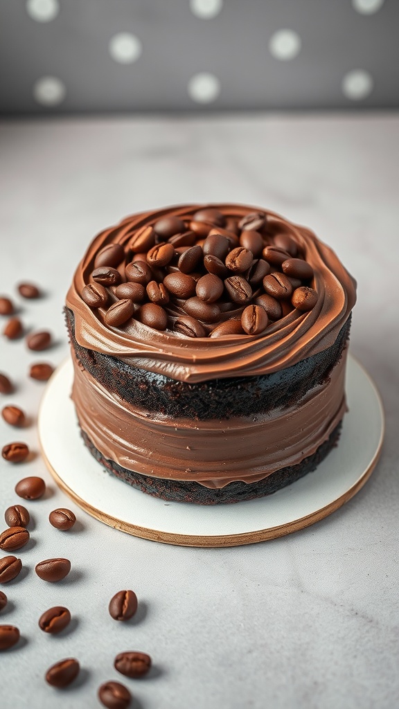 A beautifully frosted chocolate coffee cake topped with coffee beans.