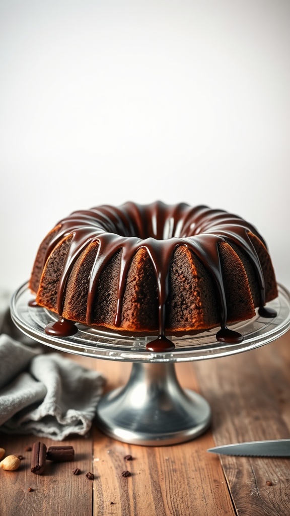A beautifully plated Chocolate Cream Cheese Bundt Cake drizzled with chocolate ganache.